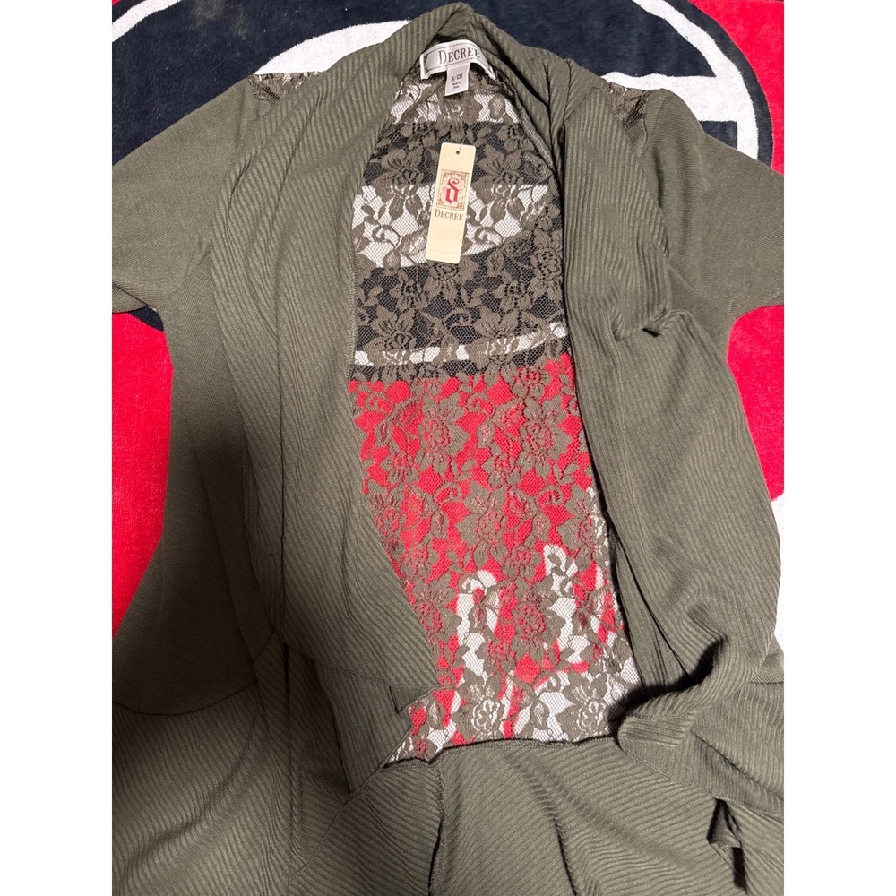 Decree Cardigan Women S Olive Green NWT Lace Back Ribbed Open Front Short Sleeve
